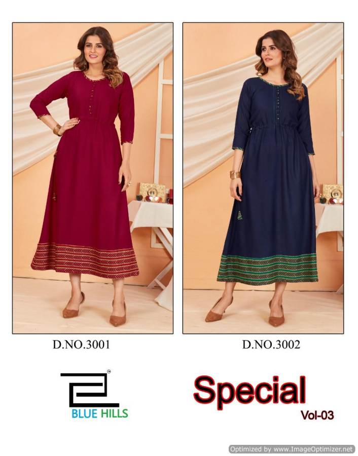 Blue Hills Special 3 New Designer Fancy Festive Wear Rayon Long Kurti Collection